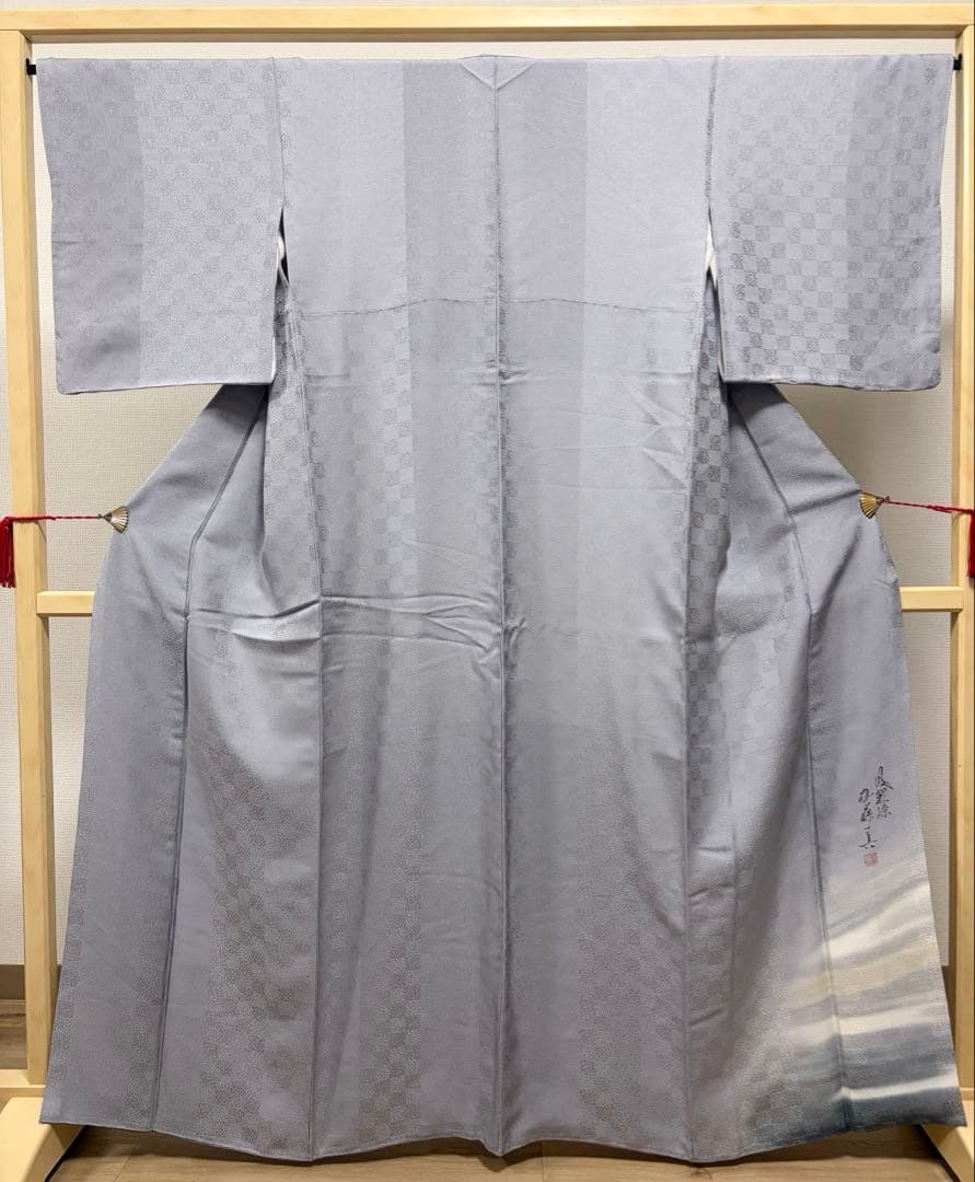 C5 美品 上質 色無地 市松に唐草の地模様 作家物 正絹 袷 付下げ 着物