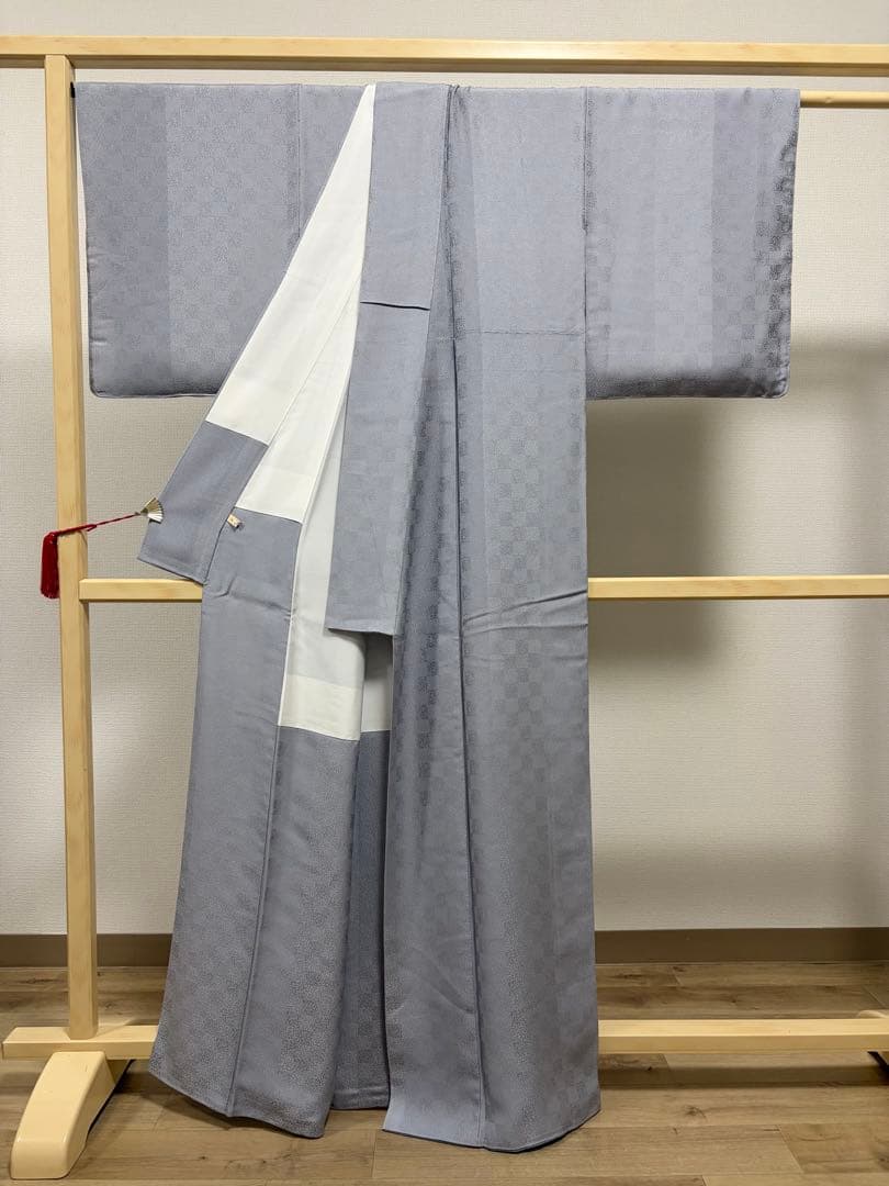 C5 美品 上質 色無地 市松に唐草の地模様 作家物 正絹 袷 付下げ 着物