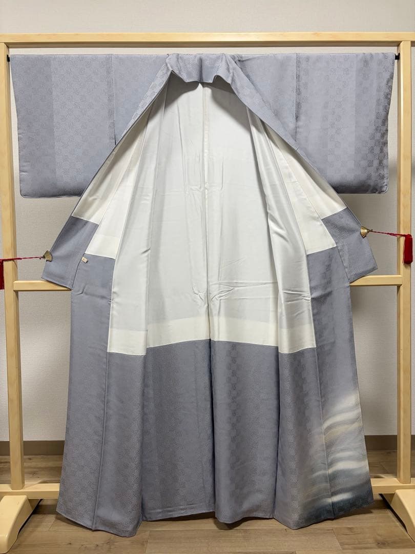 C5 美品 上質 色無地 市松に唐草の地模様 作家物 正絹 袷 付下げ 着物