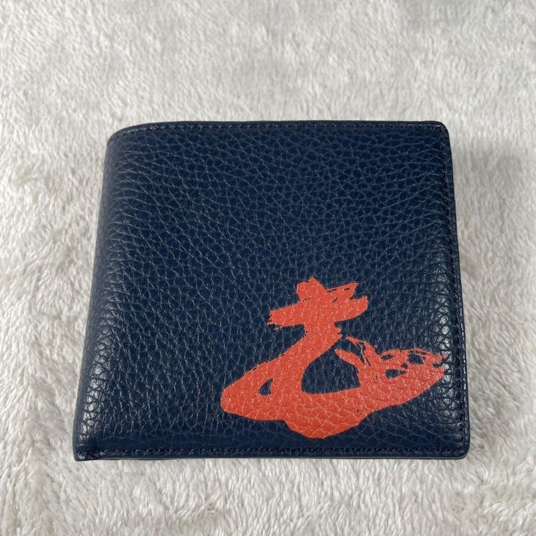 新品 ヴィヴィアンウエストウッド 二つ折り財布 レザー ネイビー オレンジ