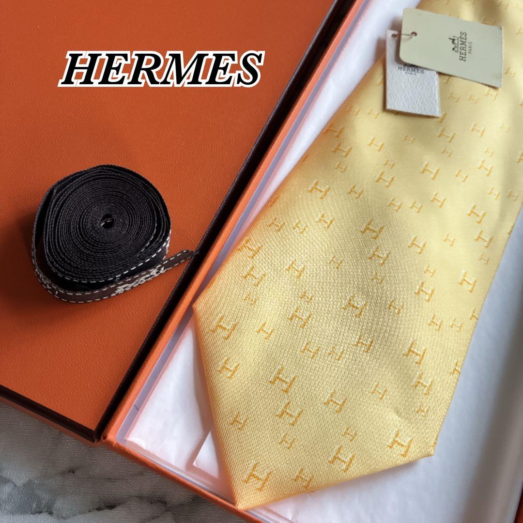 ✨未使用タグ付き✨HERMES H柄 プリント　イエロー　ネクタイ