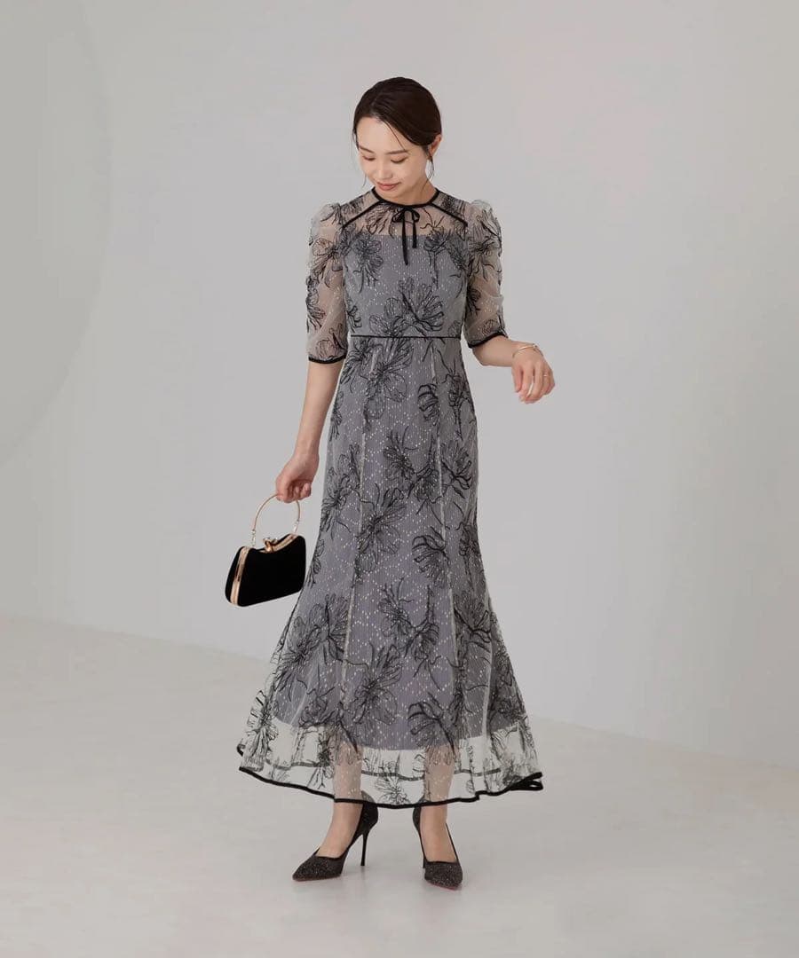 【美品】Leja花柄リボンパフスリーブマーメイドワンピースドレス