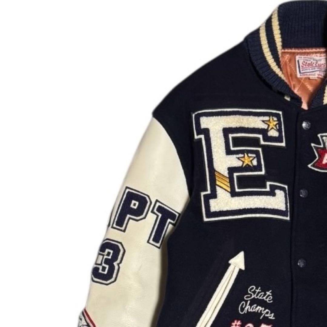 雰囲気抜群 STYLE EYES セミデコ 袖革 スタジャン ネイビー 42