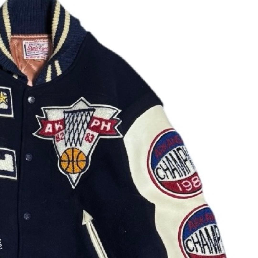 雰囲気抜群 STYLE EYES セミデコ 袖革 スタジャン ネイビー 42