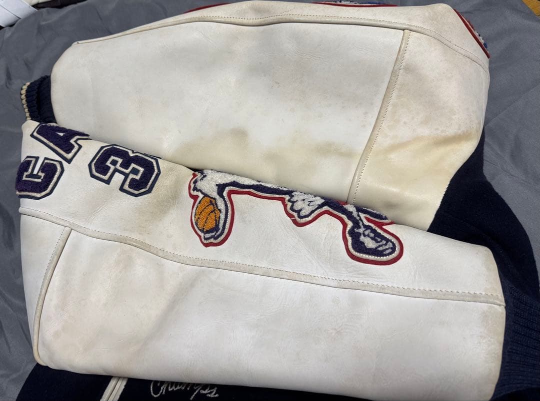 雰囲気抜群 STYLE EYES セミデコ 袖革 スタジャン ネイビー 42