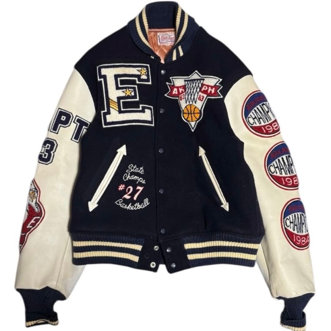 雰囲気抜群 STYLE EYES セミデコ 袖革 スタジャン ネイビー 42