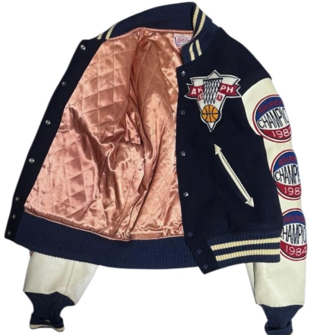 雰囲気抜群 STYLE EYES セミデコ 袖革 スタジャン ネイビー 42