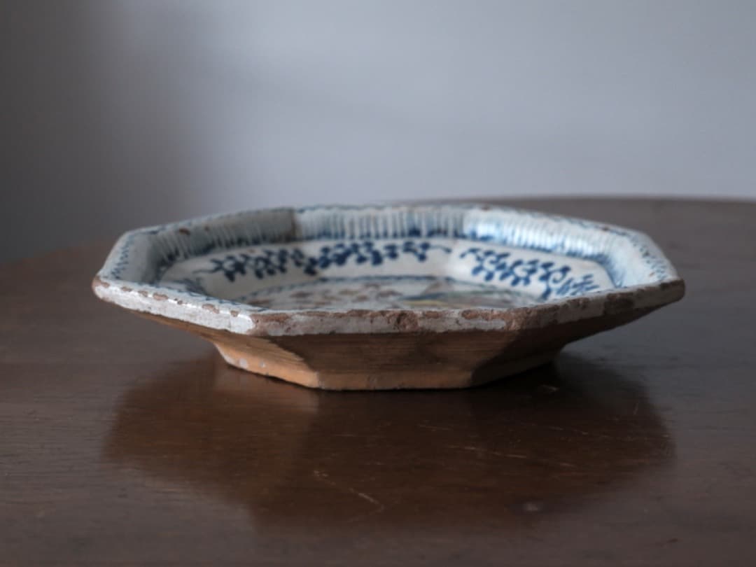 道八　阿蘭陀写し　八角菓子　江戸時代　オランダ風　皿　菓子器　箱付　Q1755