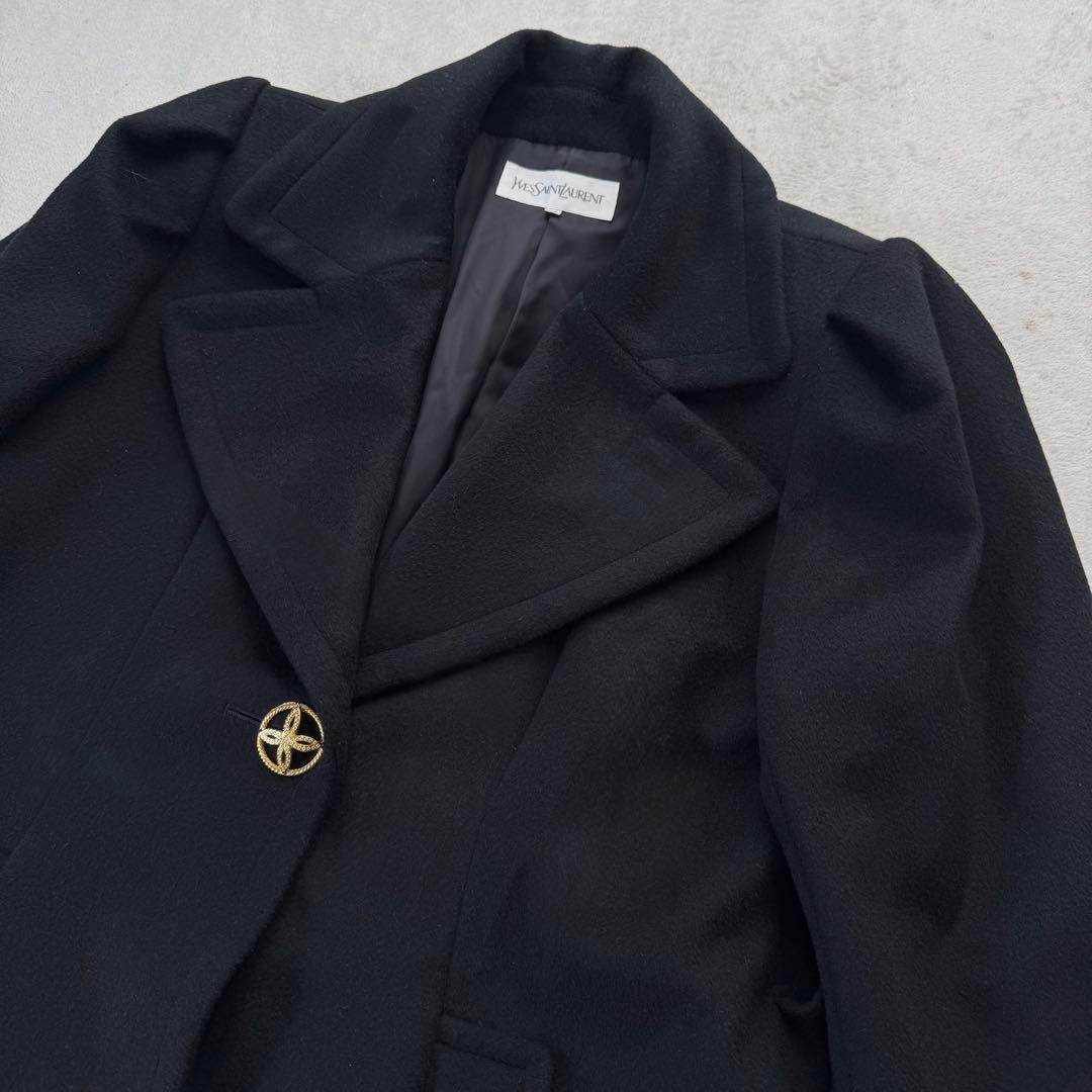 美品 イヴサンローラン チェスターコート カシミヤ混 金ボタン S ブラック