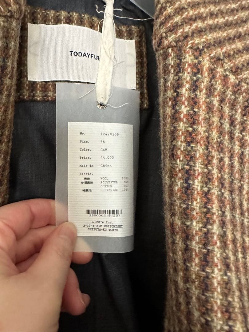 todayful Wool100% Check Jacket 正規品 未使用36