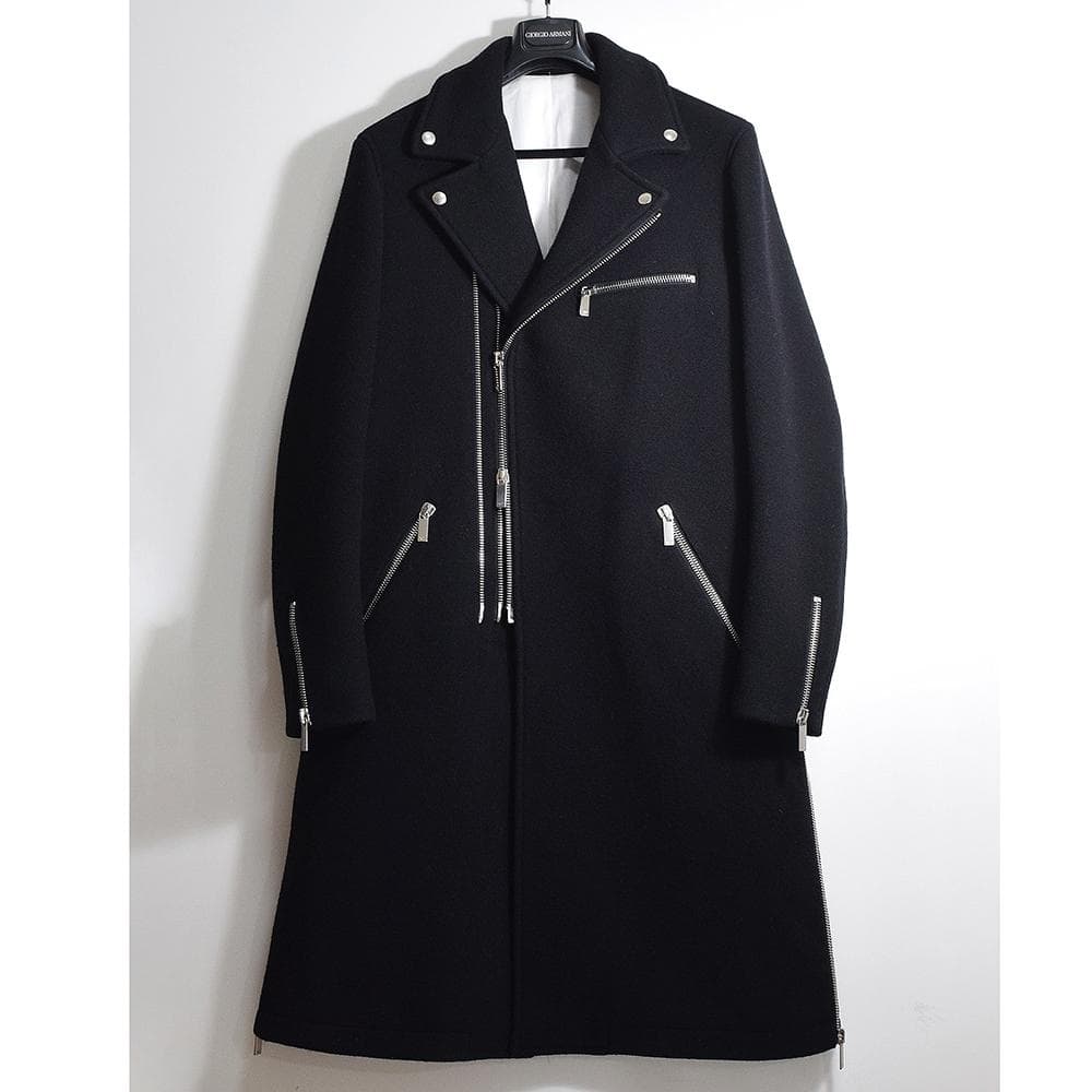 EMPORIO ARMANI ウールメルトン ライダースコート ロング 50 黒
