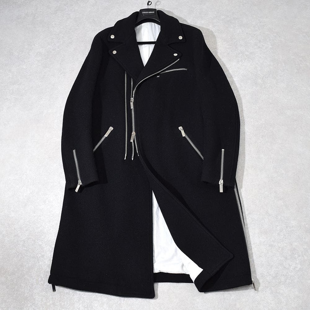 EMPORIO ARMANI ウールメルトン ライダースコート ロング 50 黒