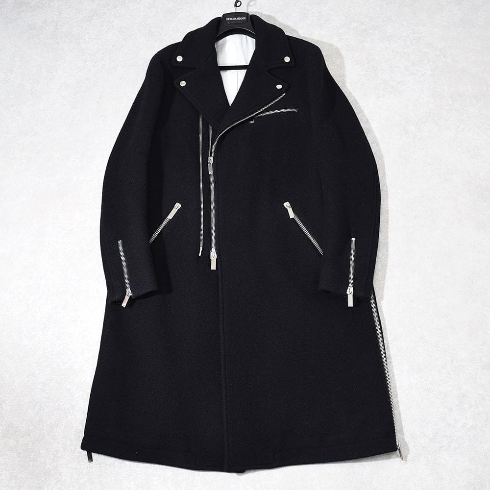 EMPORIO ARMANI ウールメルトン ライダースコート ロング 50 黒