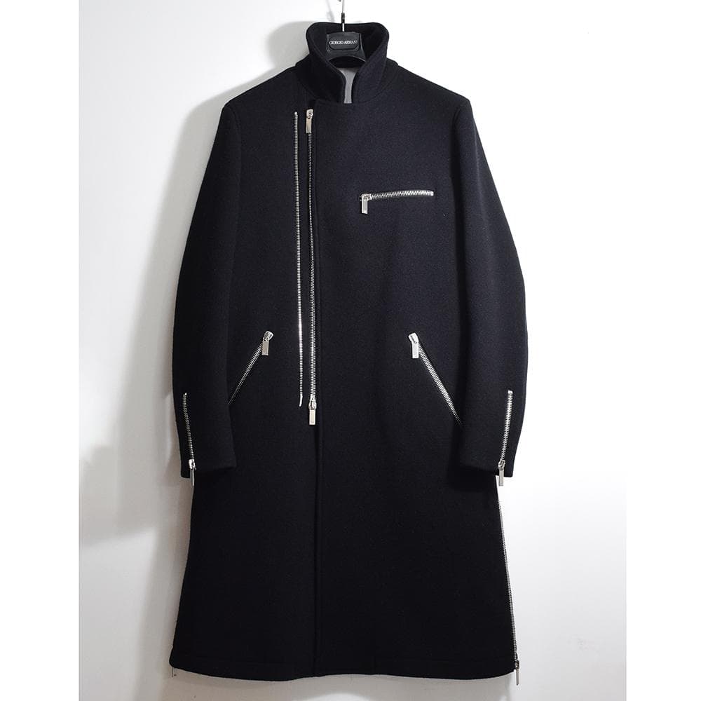 EMPORIO ARMANI ウールメルトン ライダースコート ロング 50 黒