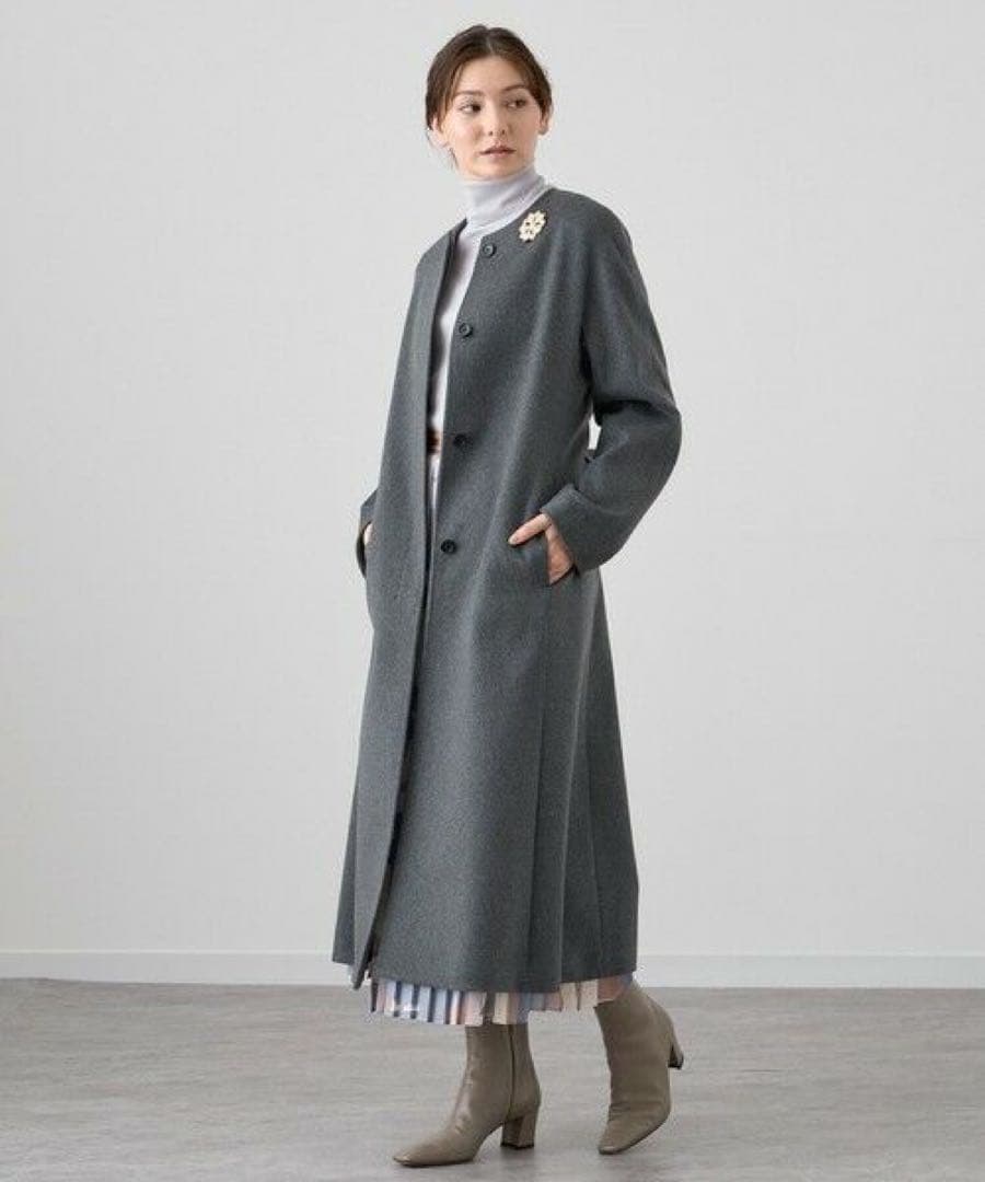 アナイ　カシミヤノーカラーベルトコート　ロングコート