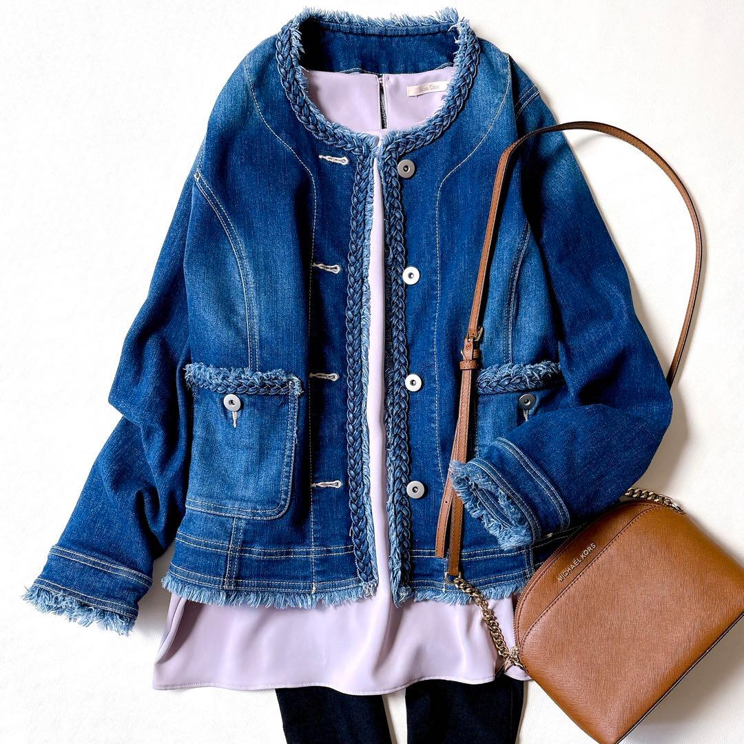 極美品 ローズティアラ 大きいサイズ46 洗える 伸縮ノーカラーデニムジャケット