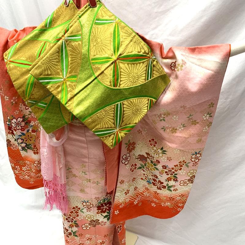 505ag62□七五三 七歳 女児 着物&袋帯 金彩 桜 ピンク□美品