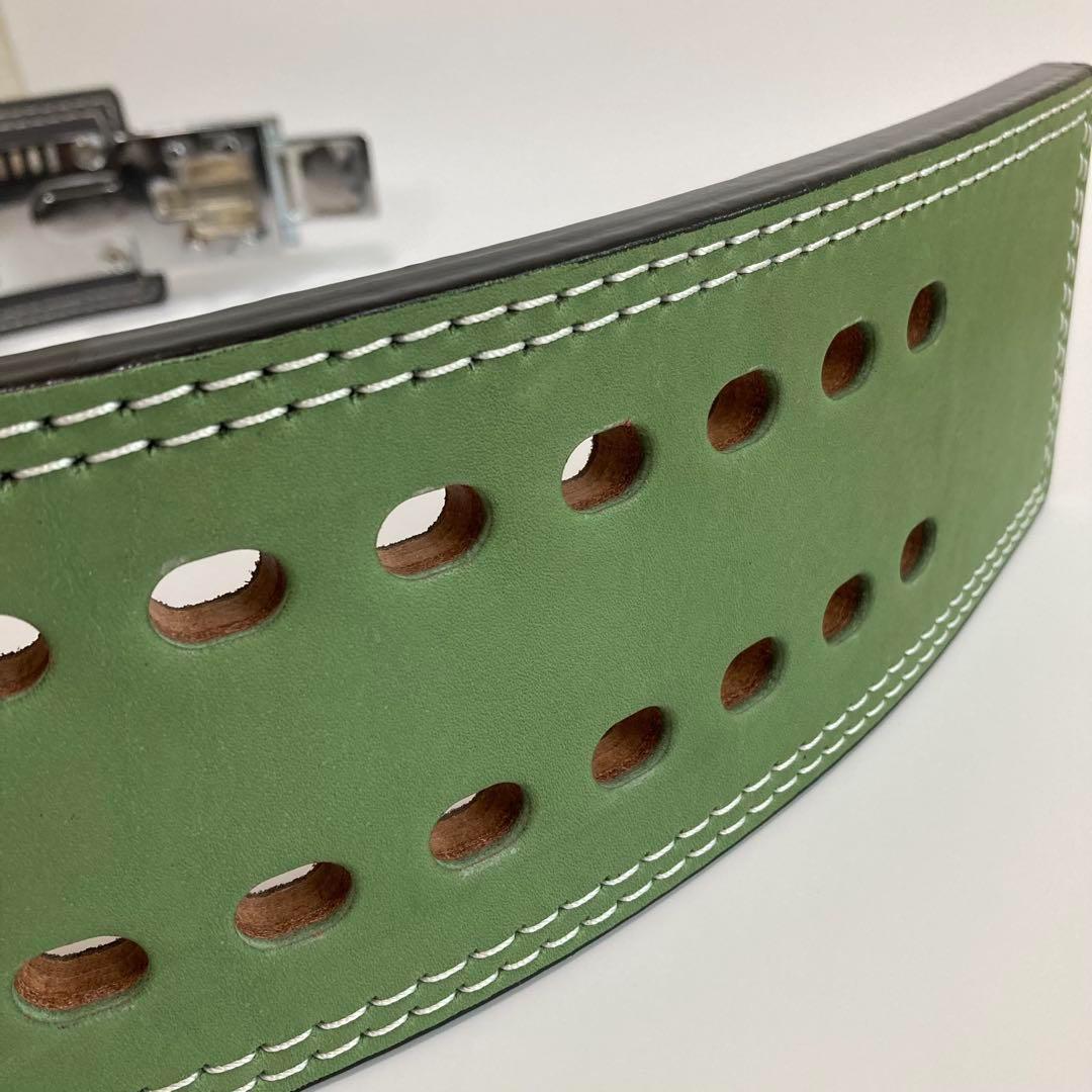 パワーベルト レバーアクション Sサイズ ワンタッチ可変式 本革 緑×艶シルバー