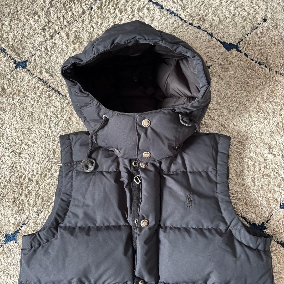 【美品✨】ポロラルフローレン　ダウンベスト　フード　レザー　ポニー刺繍　ブラック