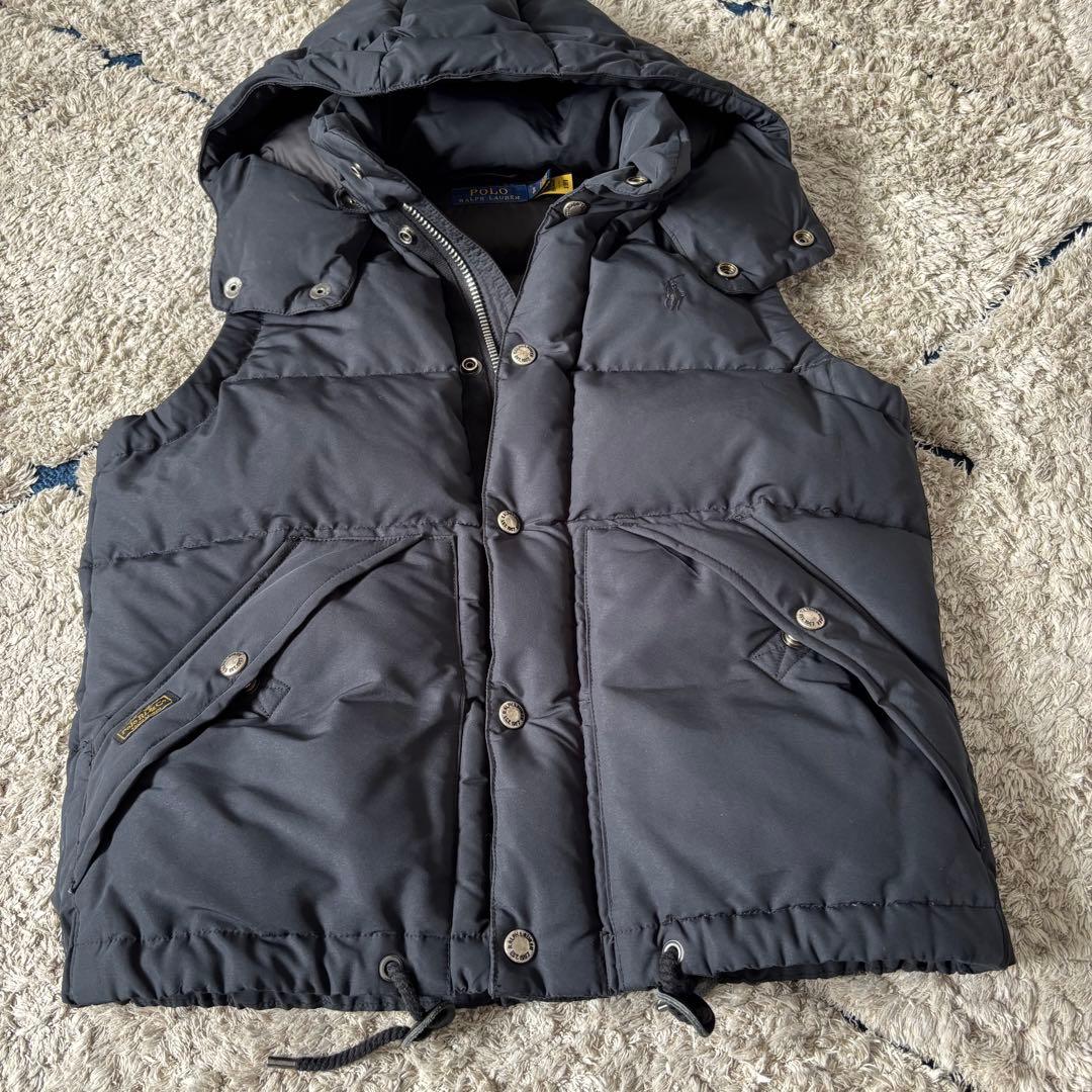 【美品✨】ポロラルフローレン　ダウンベスト　フード　レザー　ポニー刺繍　ブラック