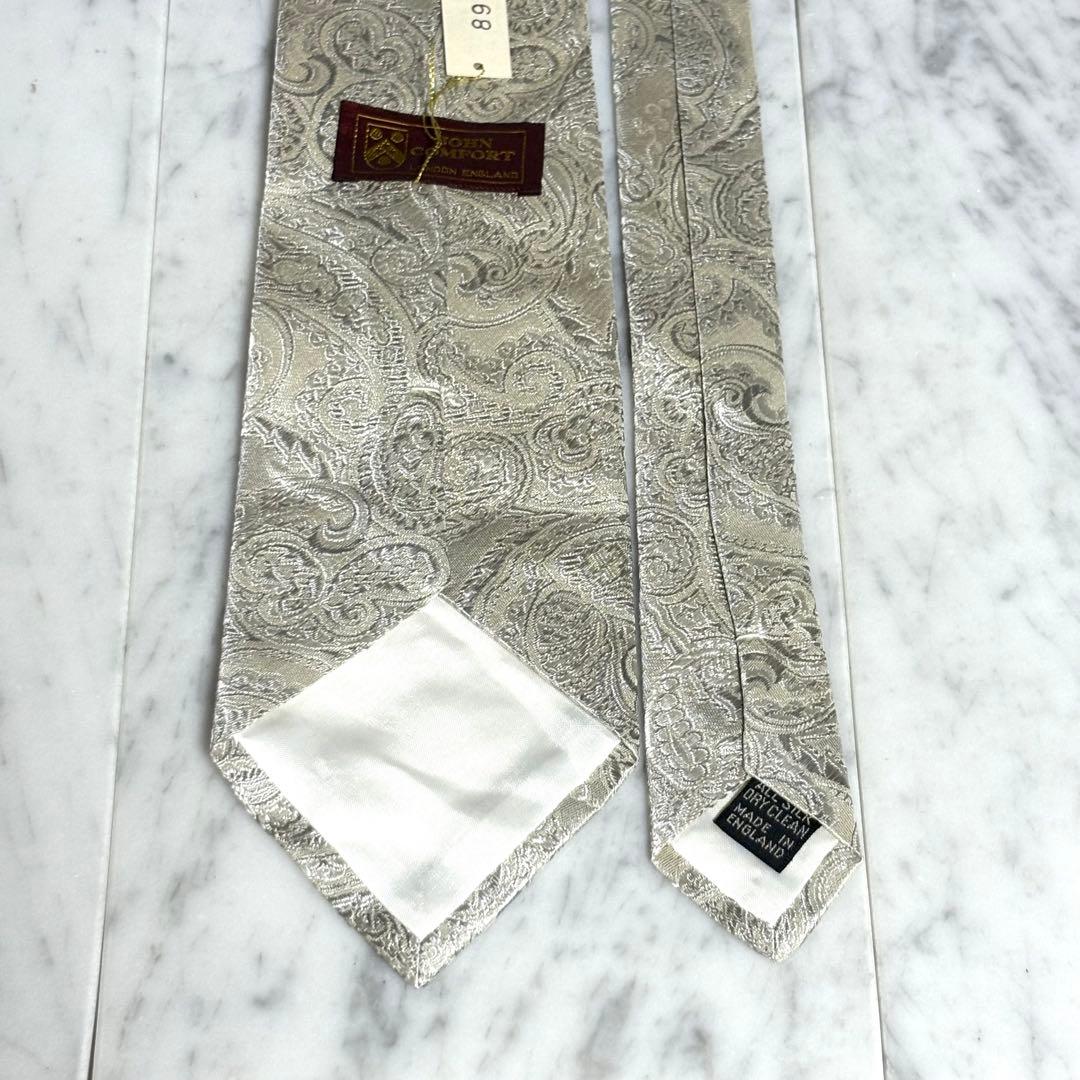 JOHN COMFORT ネクタイ ホワイト シルバー ペイズリー柄 光沢