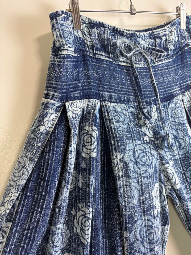 【新品】藍染　ストーンウォッシュ　タイパンツ　バルーン　男女兼用　薔薇柄　G67