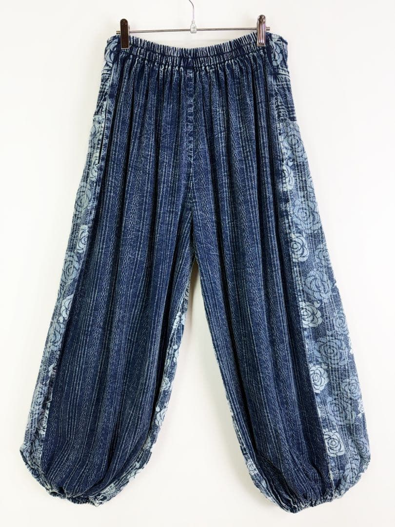 【新品】藍染　ストーンウォッシュ　タイパンツ　バルーン　男女兼用　薔薇柄　G67