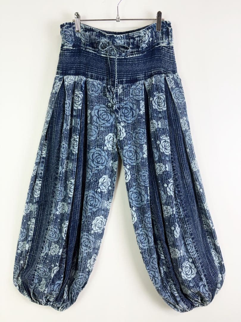 【新品】藍染　ストーンウォッシュ　タイパンツ　バルーン　男女兼用　薔薇柄　G67