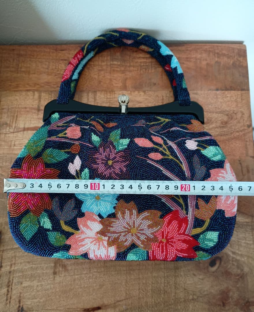 百*合様 美品 昭和レトロ ビーズ ハンド バッグ がま口 花柄 お茶会 和装