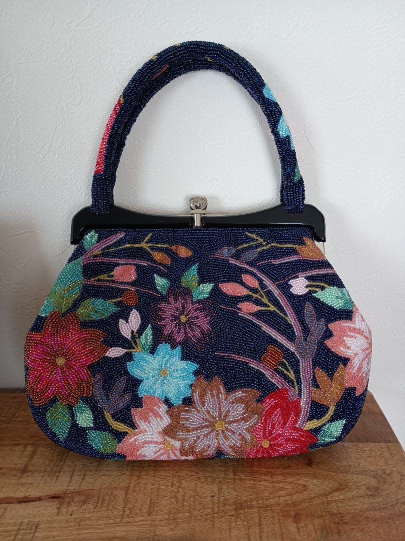 百*合様 美品 昭和レトロ ビーズ ハンド バッグ がま口 花柄 お茶会 和装
