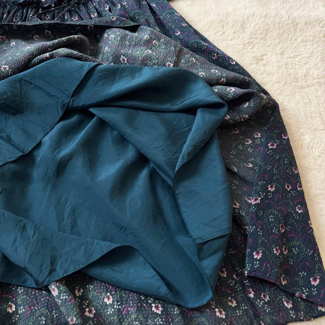 Drawer ドゥロワー シルク100% ロングワンピース 花柄　36 紺