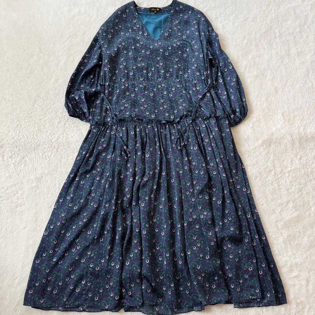 Drawer ドゥロワー シルク100% ロングワンピース 花柄　36 紺