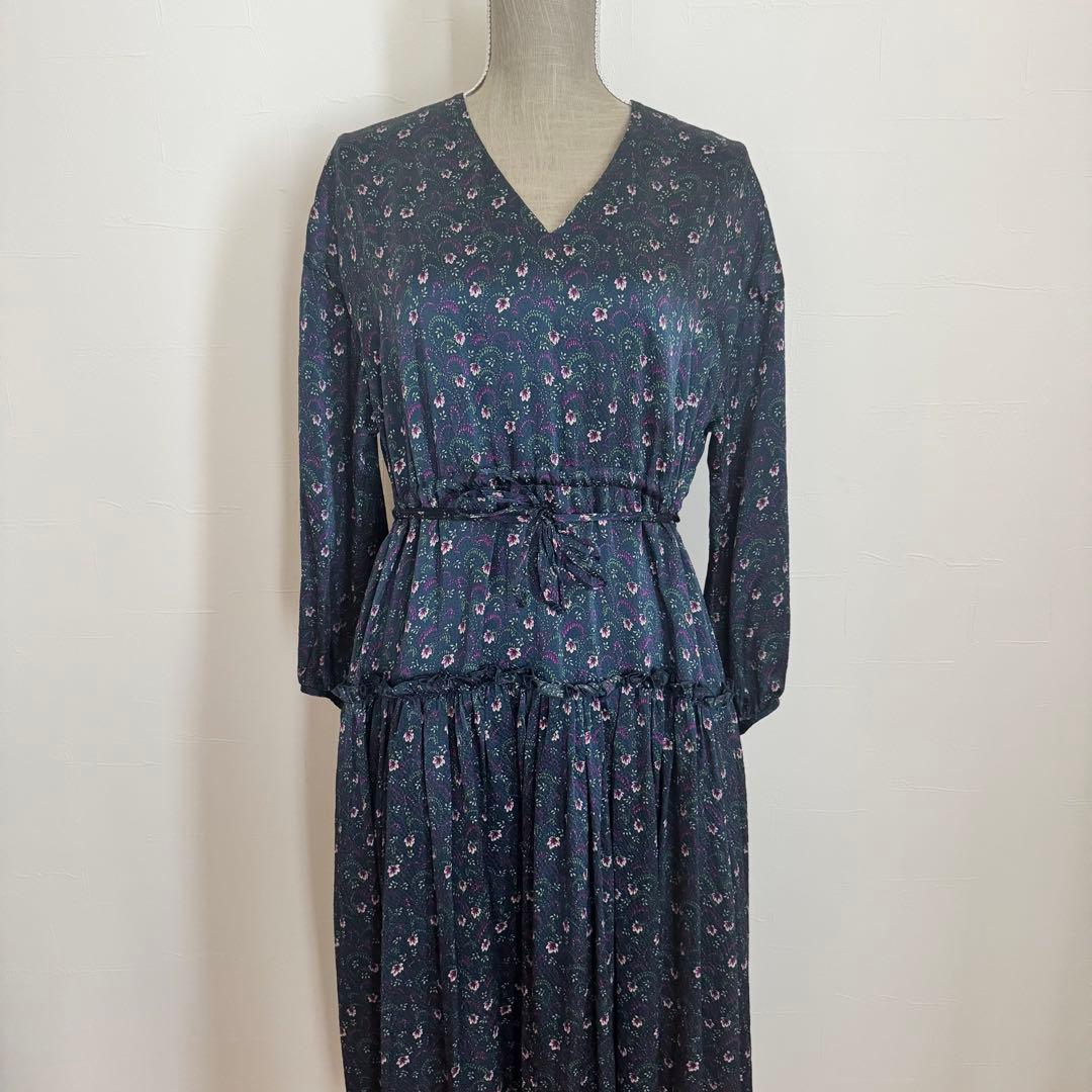 Drawer ドゥロワー シルク100% ロングワンピース 花柄　36 紺