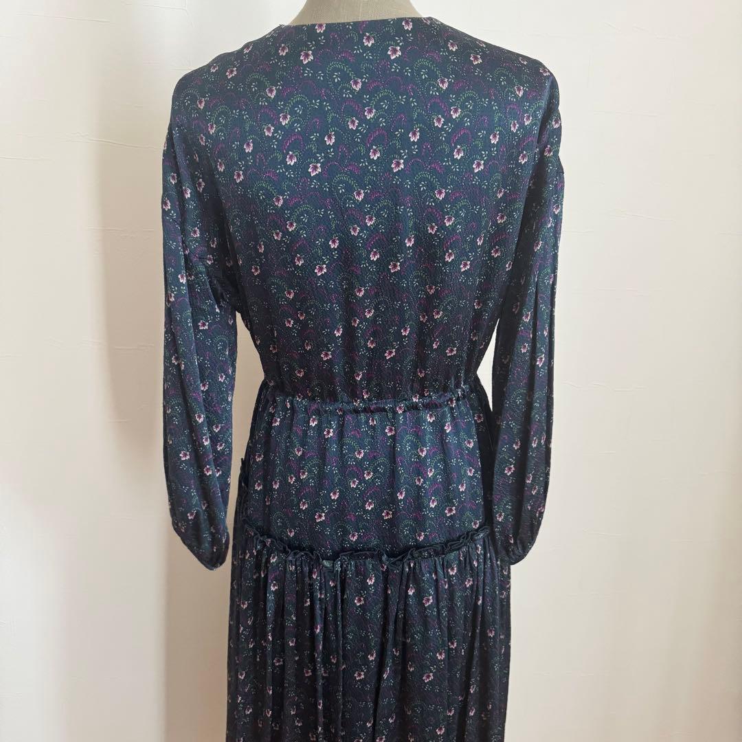 Drawer ドゥロワー シルク100% ロングワンピース 花柄　36 紺