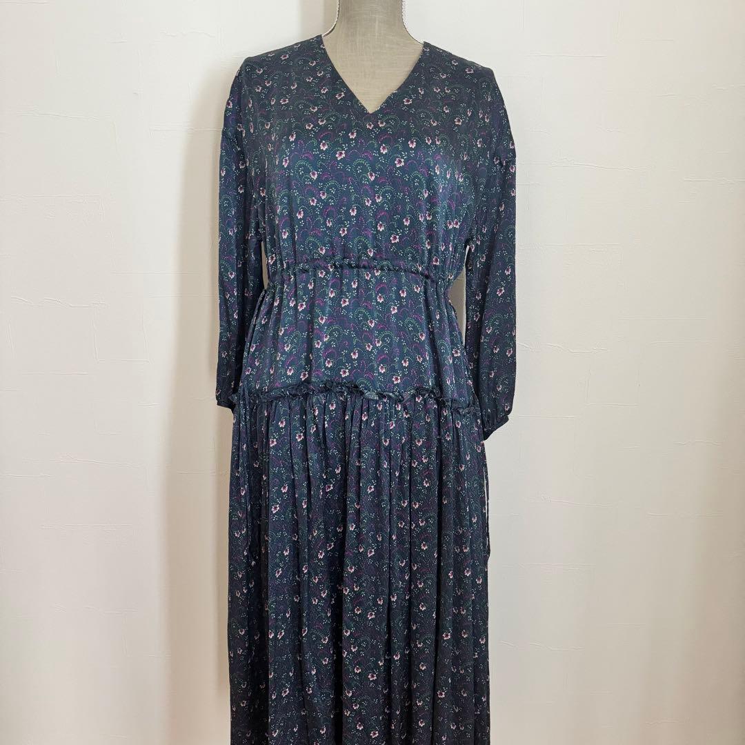 Drawer ドゥロワー シルク100% ロングワンピース 花柄　36 紺
