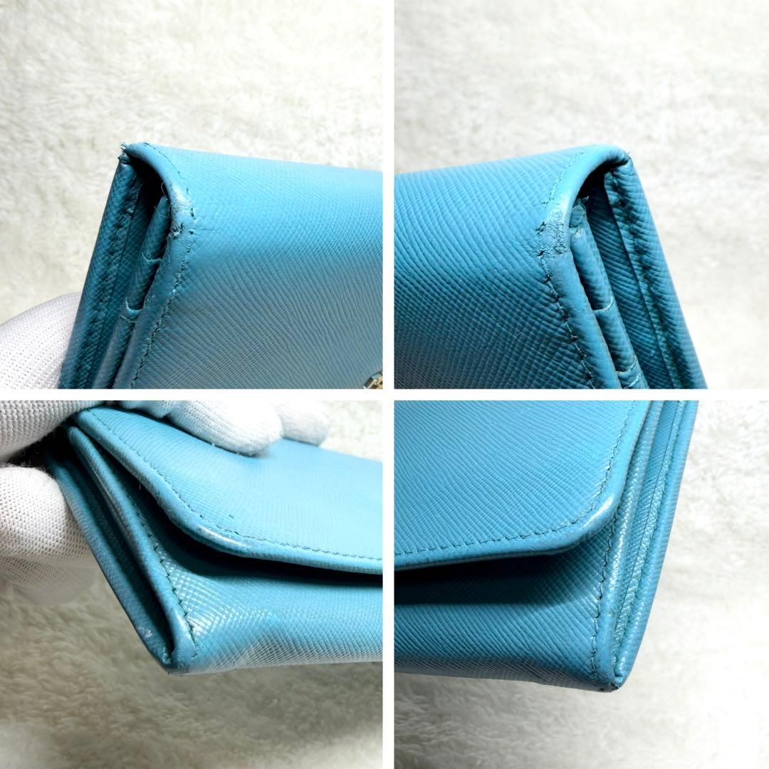美品 PRADA プラダ サフィアーノレザー 二つ折り 長財布 ターコイズブルー