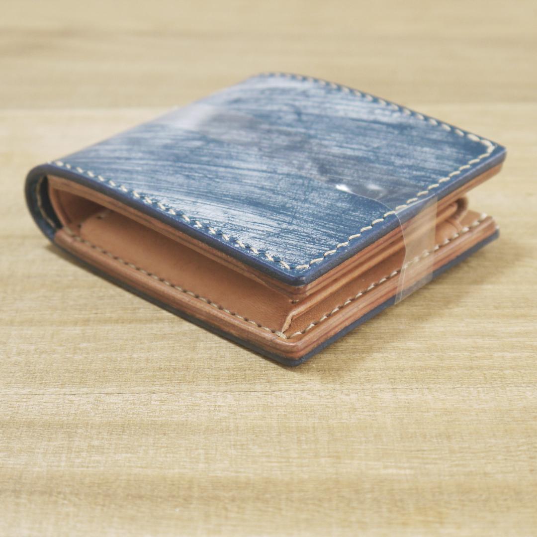 ヌメ革　UKブライドルレザー　リッジウェイズ　ハーフウォレット　青/生成り