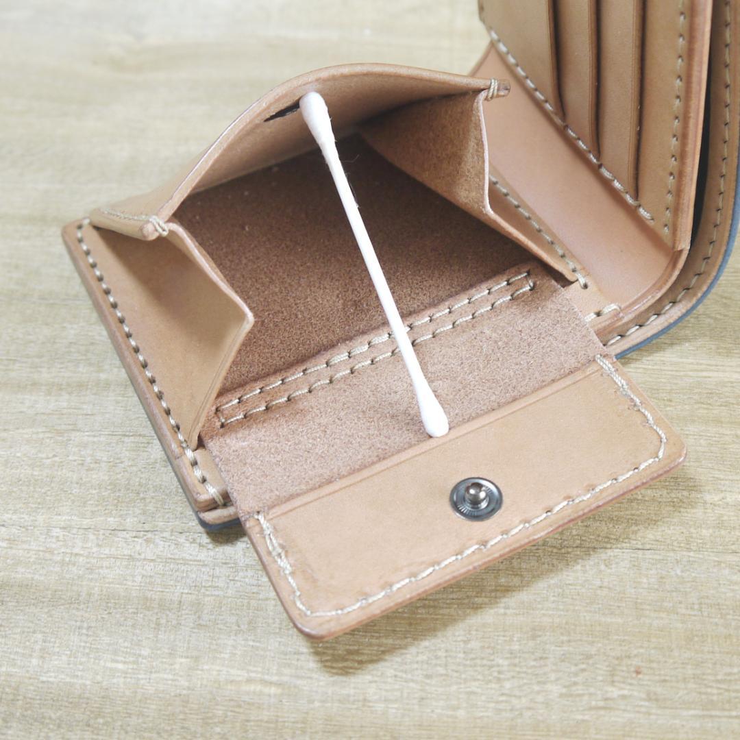 ヌメ革　UKブライドルレザー　リッジウェイズ　ハーフウォレット　青/生成り