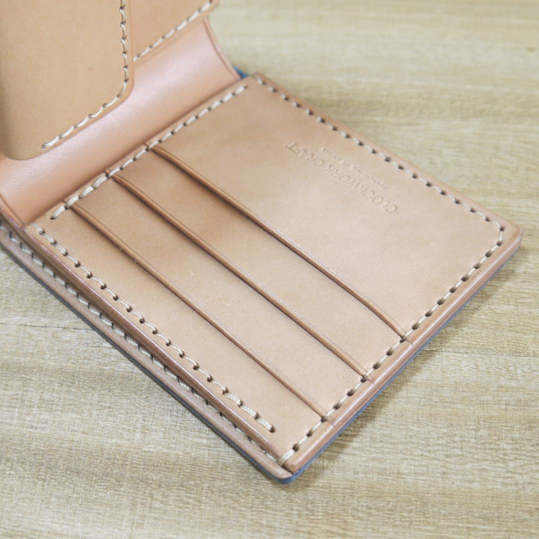 ヌメ革　UKブライドルレザー　リッジウェイズ　ハーフウォレット　青/生成り