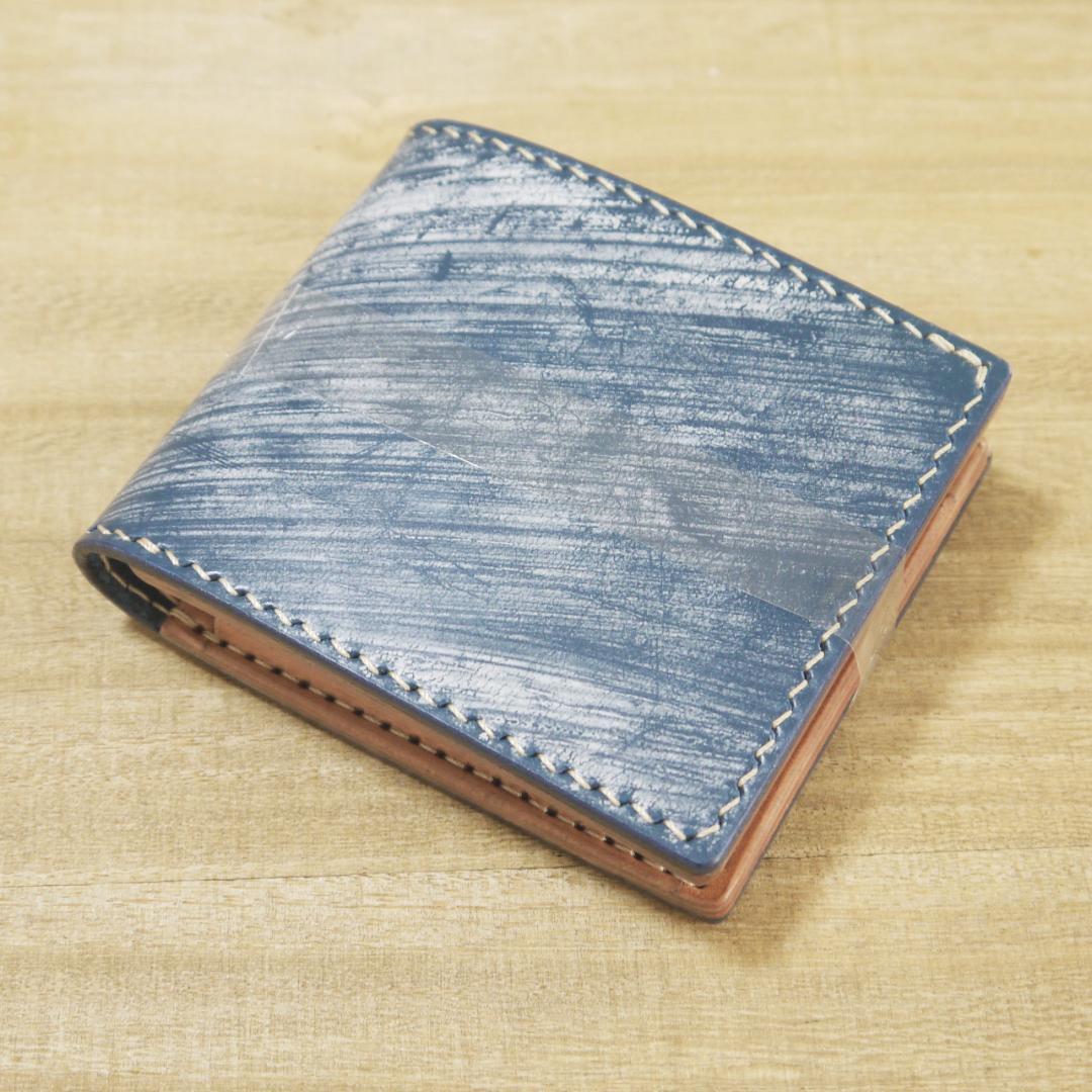 ヌメ革　UKブライドルレザー　リッジウェイズ　ハーフウォレット　青/生成り