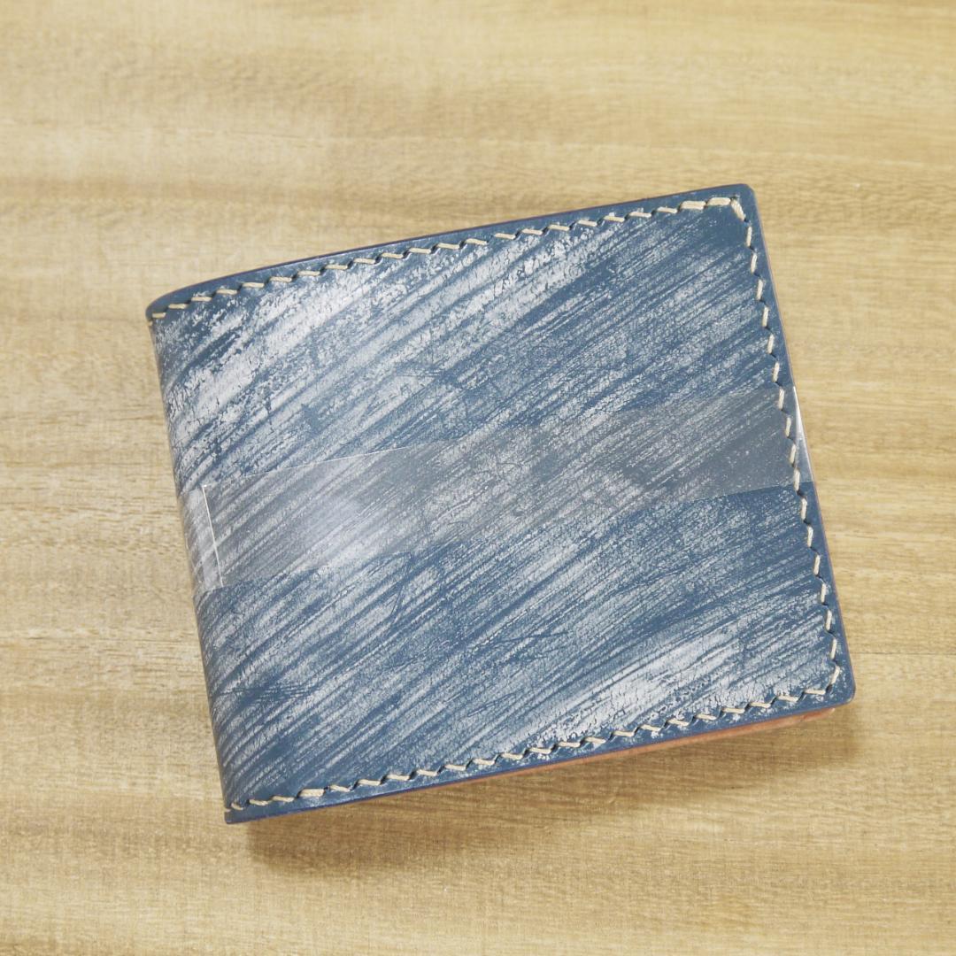 ヌメ革　UKブライドルレザー　リッジウェイズ　ハーフウォレット　青/生成り