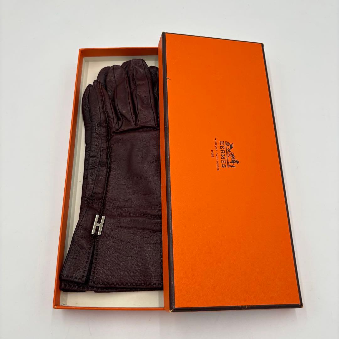 HERMES エルメス Hロゴモチーフ レザー グローブ 革手袋　ボルドー