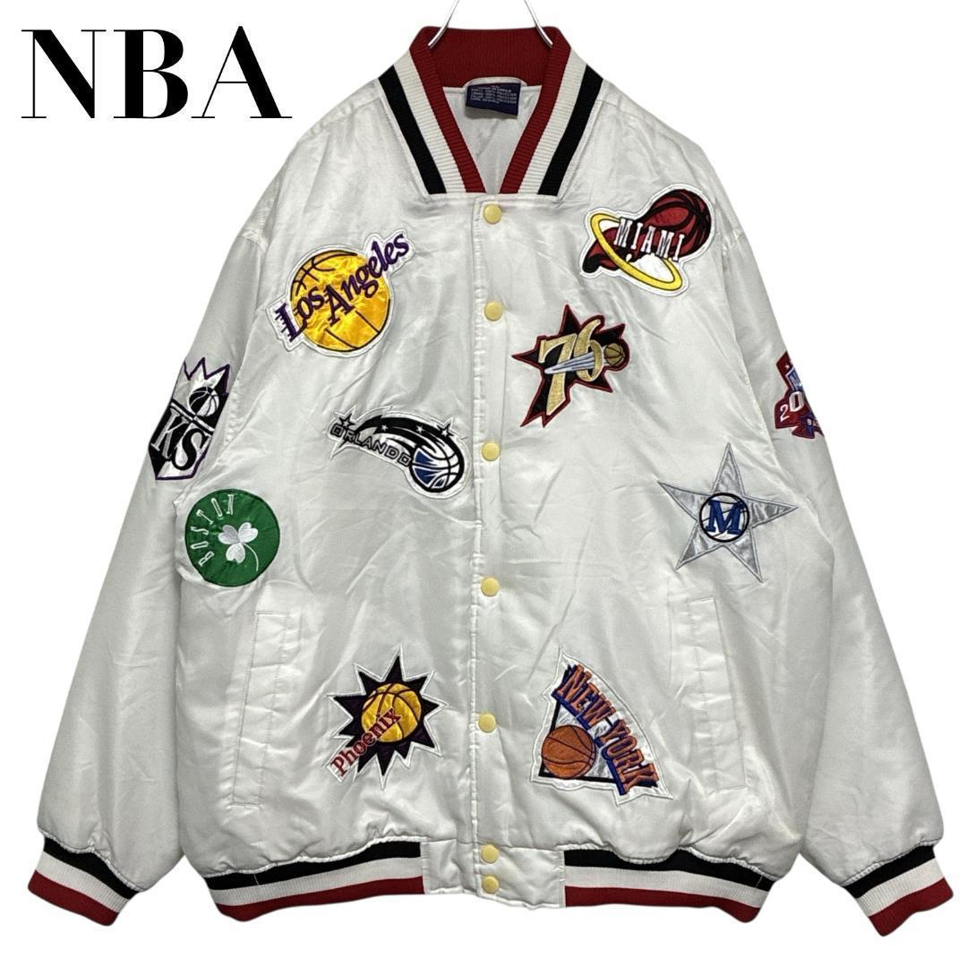 NBA スタジャン 中綿入り チームワッペン 刺繍 肉厚 ホワイト 2XL相当