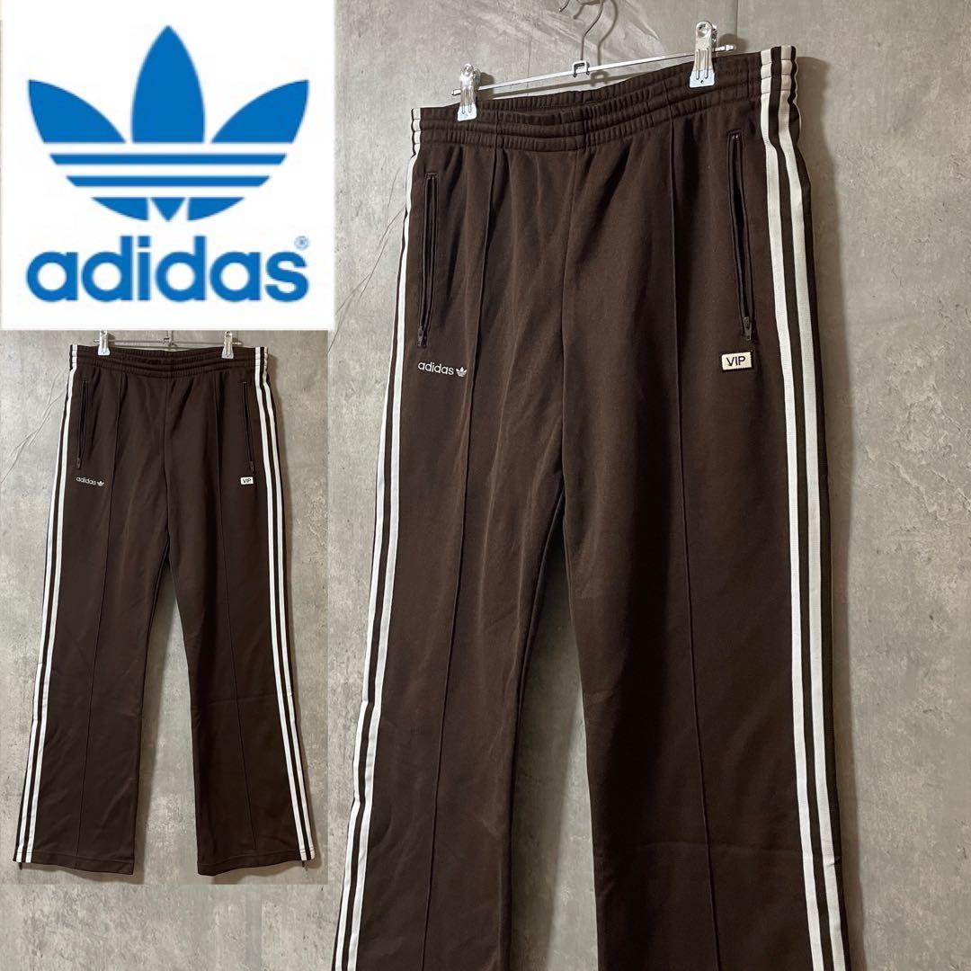 adidasアディダストラックパンツジャージ茶色ブラウン刺繍ロゴワイドフレア希少