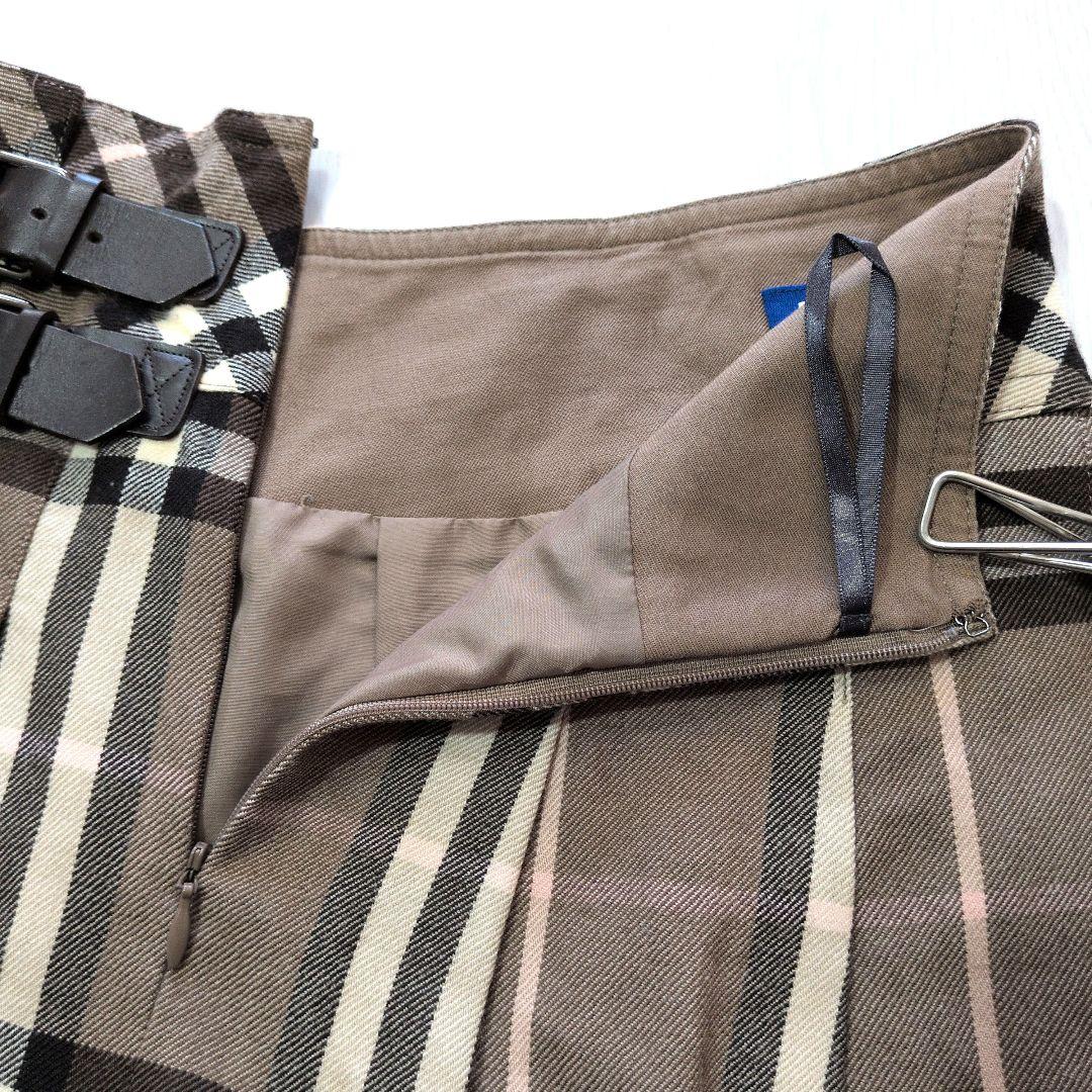 バーバリーブルーレーベル　ブラウン系　ミニスカート　レザーベルト　チェック　S