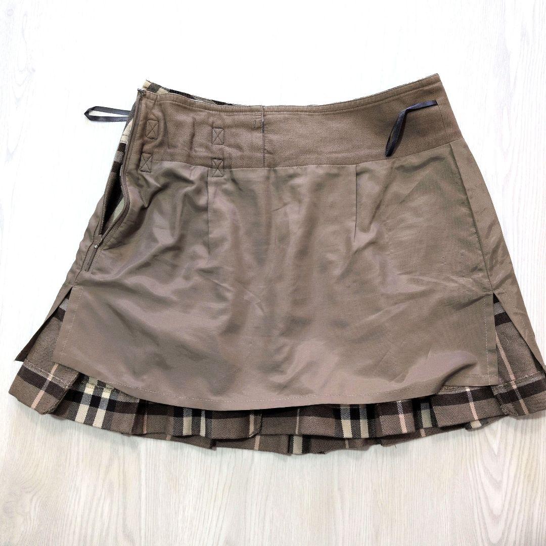 バーバリーブルーレーベル　ブラウン系　ミニスカート　レザーベルト　チェック　S