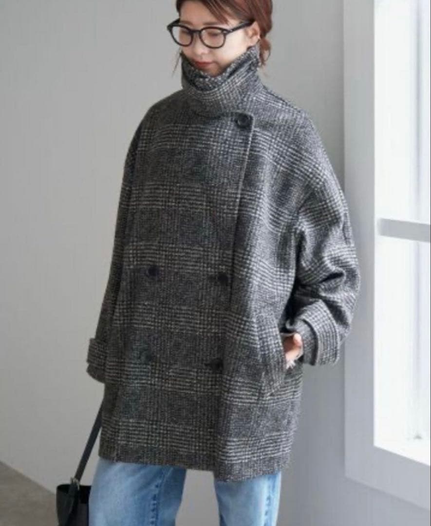 Spick & Span Wスライバーチェックハーフコート　38 ブラック