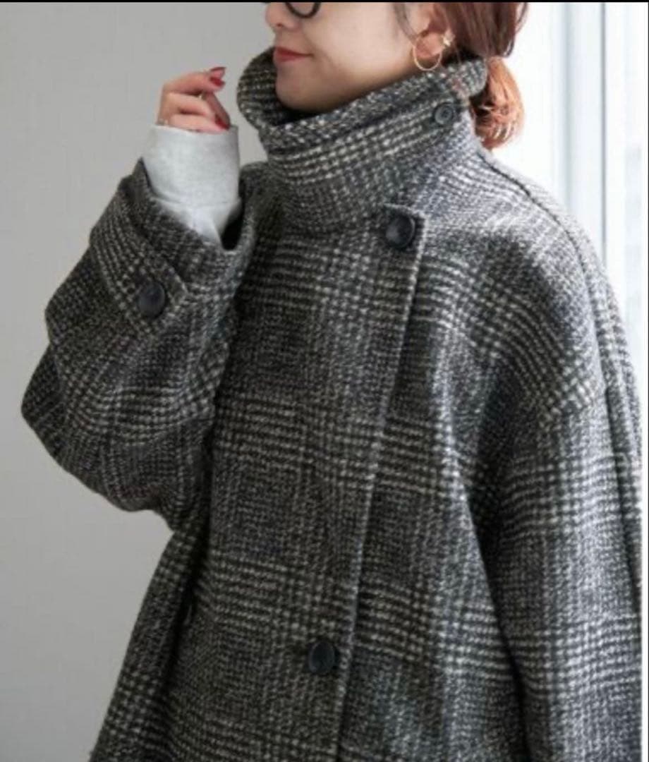 Spick & Span Wスライバーチェックハーフコート　38 ブラック