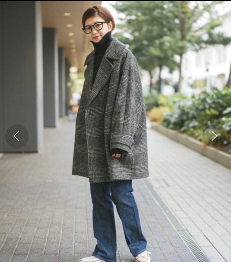 Spick & Span Wスライバーチェックハーフコート　38 ブラック