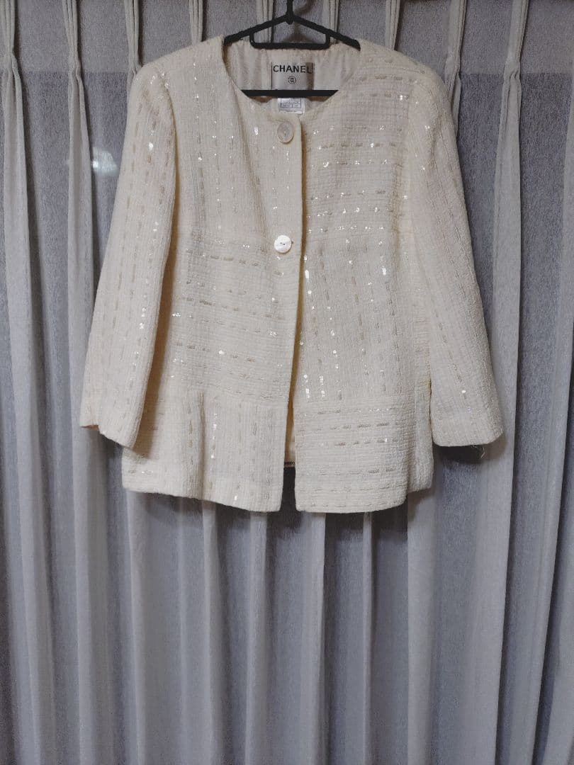 CHANELシャネルボタンノーカラーツイードジャケット フランス製